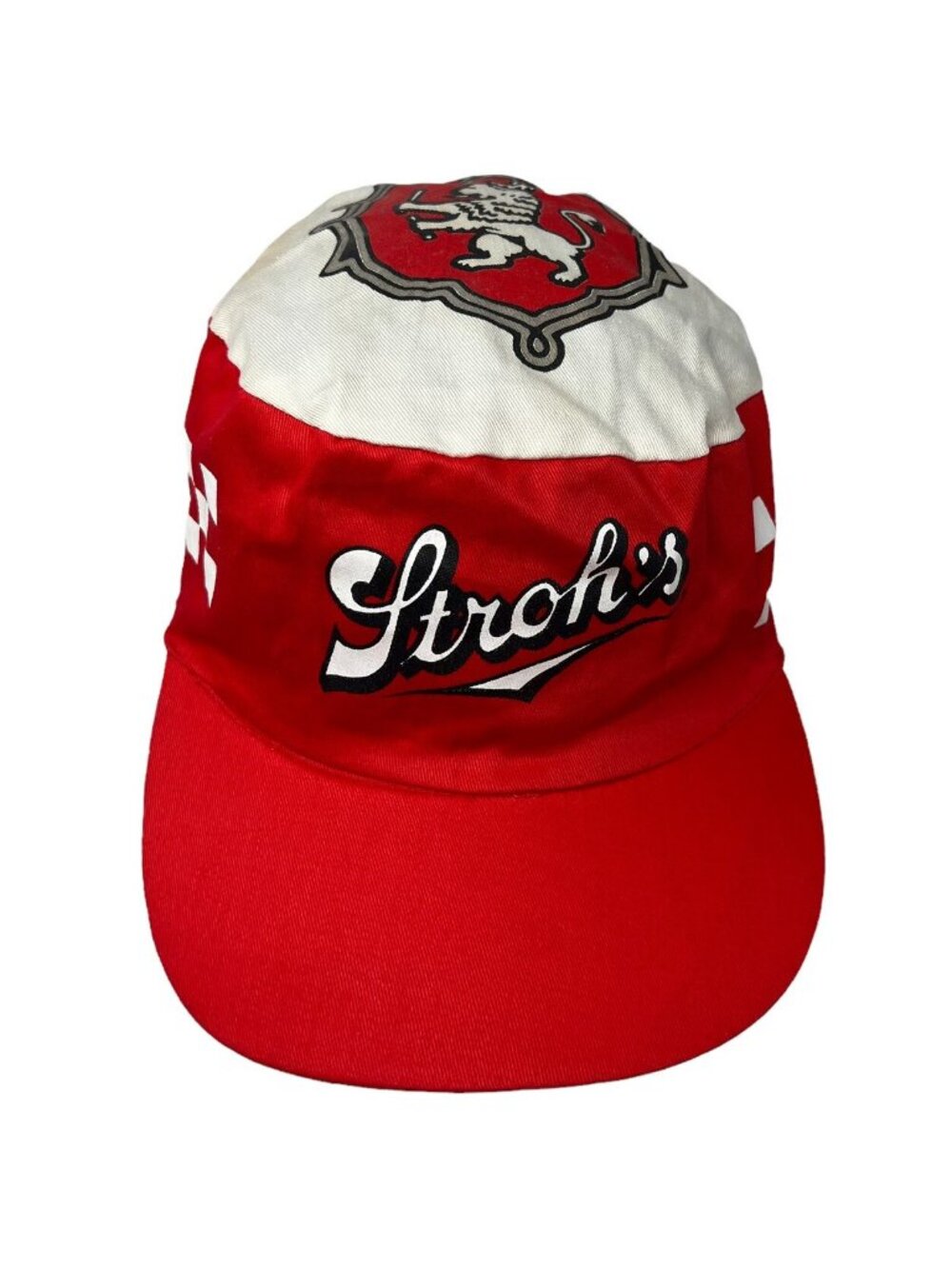Stroh's Beer Vintage Snapback Hat Cap Lion Crest Logo Checkered White Red Vtg